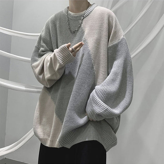 saferido      -shop 90s streetwear round Neck Sweater Men's Winter New Fashion Brand Sweater Coat Design Sense Niche Stitching Contrast Color Sweater