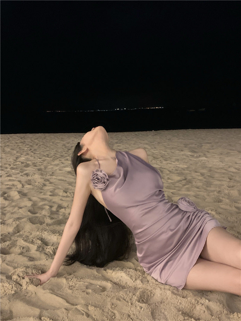 2025 sexy pure desire style high sense Spice girl neck satin dress seaside vacation backless irregular short skirt