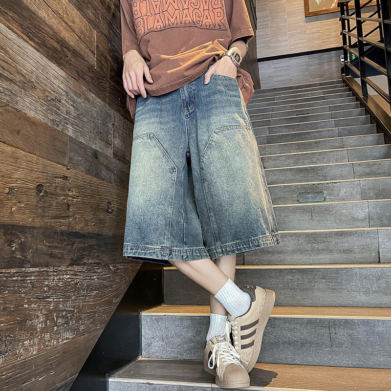 saferido 90s streetwear American Retro Workwear Denim Shorts Men's Summer Versatile High Street Vibe Loose Washed Wide-Leg Shorts