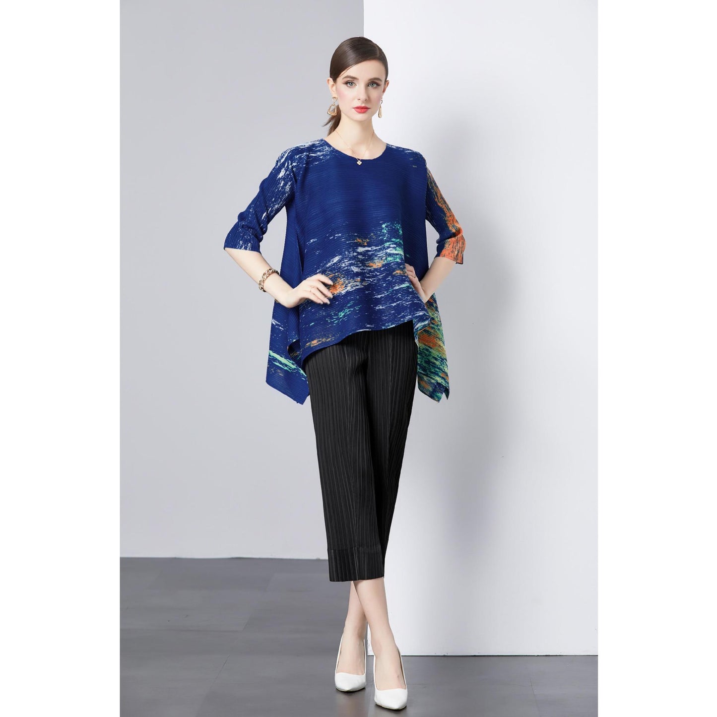 Popular style suit women's niche high-end sense loose elastic pleated printed top + high-waisted wide-leg casual pants
