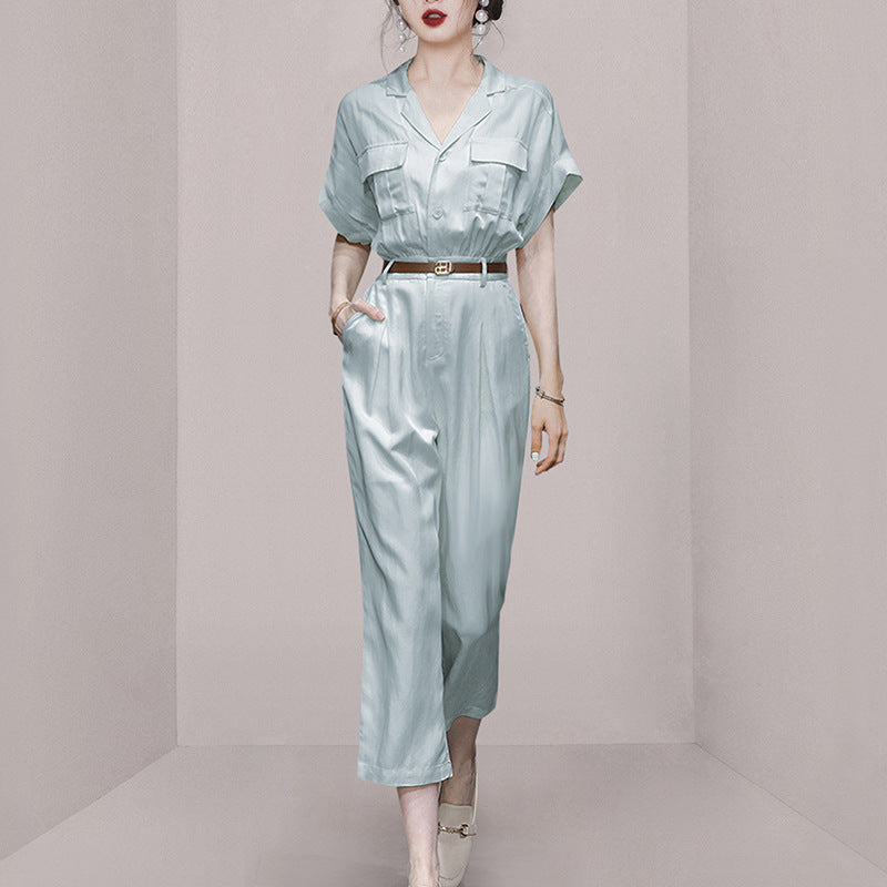 Summer women's new light blue tooling wind cotton and linen jumpsuit jumpsuit wide-leg pants nine-point pants