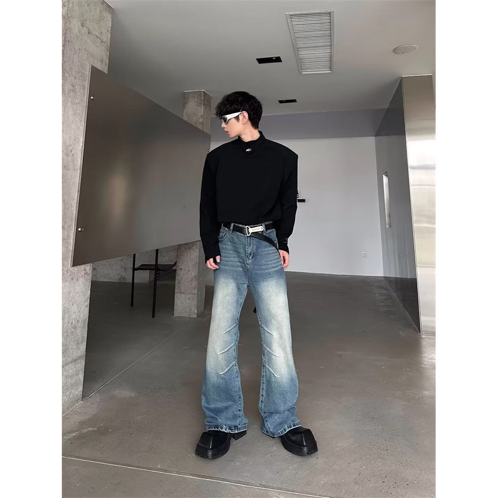 American niche washed pleated high street fashion jeans men's spring and summer new white wide-leg mopping long pants