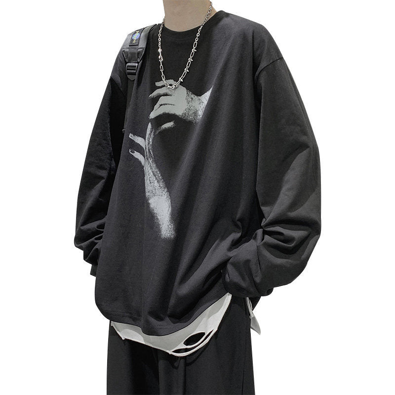 saferido -shop grunge outfits Autumn T-shirt Men's Long-Sleeved Korean Style Hong Kong Style Trendy Handsome Casual All-Match Loose Inner Hip Hop Bottoming Shirt Autumn Clothes