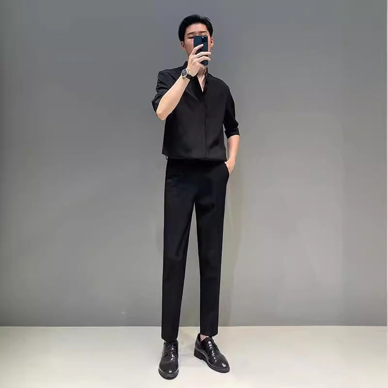 saferido -shop classy outfits men New Chinese Style Stand Collar Short-Sleeved Shirt Men's Summer New Niche Shirt Trendy Ice Silk Drape All-Match Top