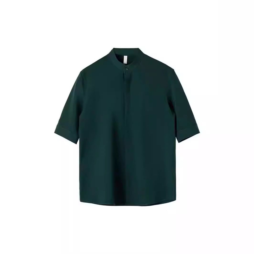 saferido -shop classy outfits men New Chinese Style Stand Collar Short-Sleeved Shirt Men's Summer New Niche Shirt Trendy Ice Silk Drape All-Match Top