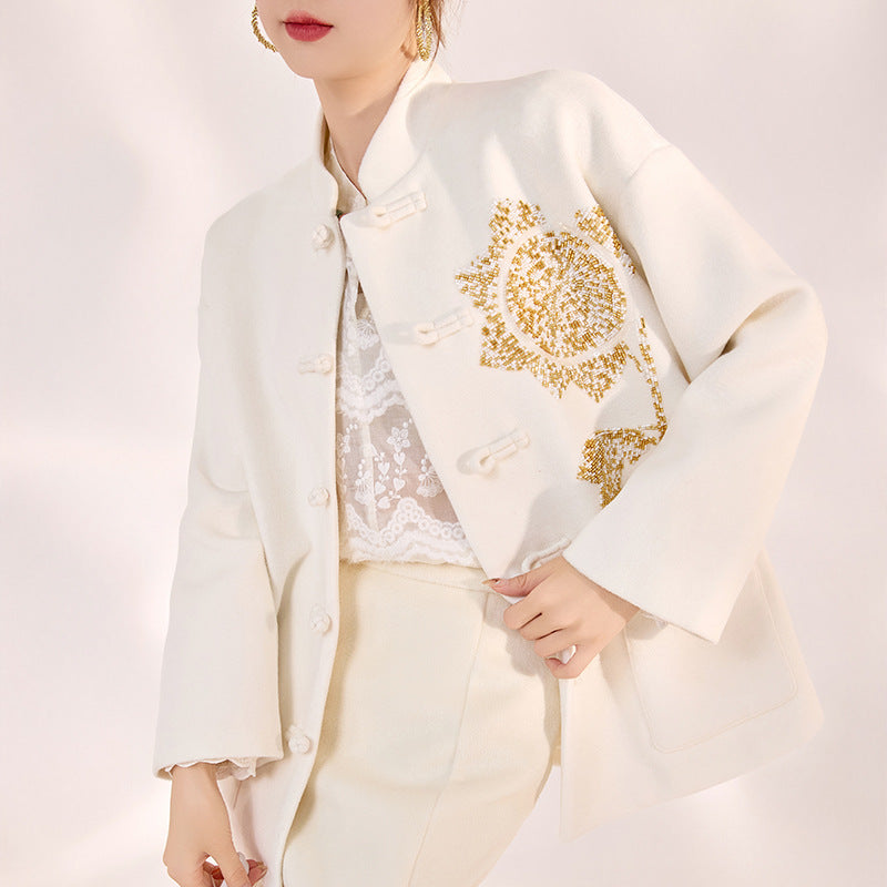 Winter Guofeng new heavy industry bead design sense buckle light luxury loose new Chinese jacket women MY099