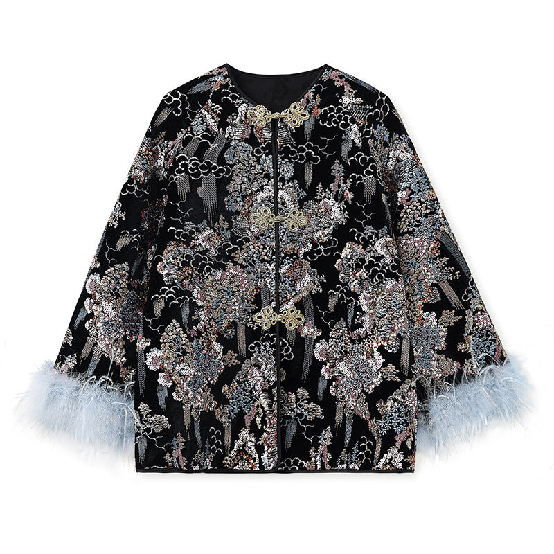 New Chinese style spring new temperament buckle top heavy industry sequined embroidered ostrich wool sleeve jacket MZ081