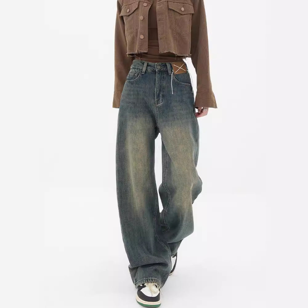 saferido -shop 90s streetwear Summer New Retro Washed Distressed Straight Jeans Women's High Waist Loose All-Match Wide-Leg Mopping Pants