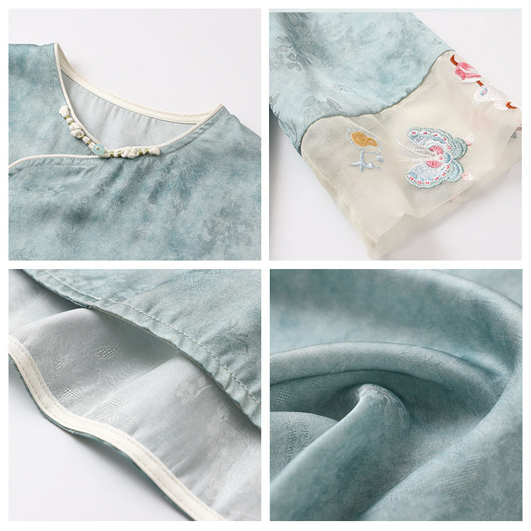 high-end new Chinese jacquard satin top spring and summer light national style embroidered thin silk shirt N4006