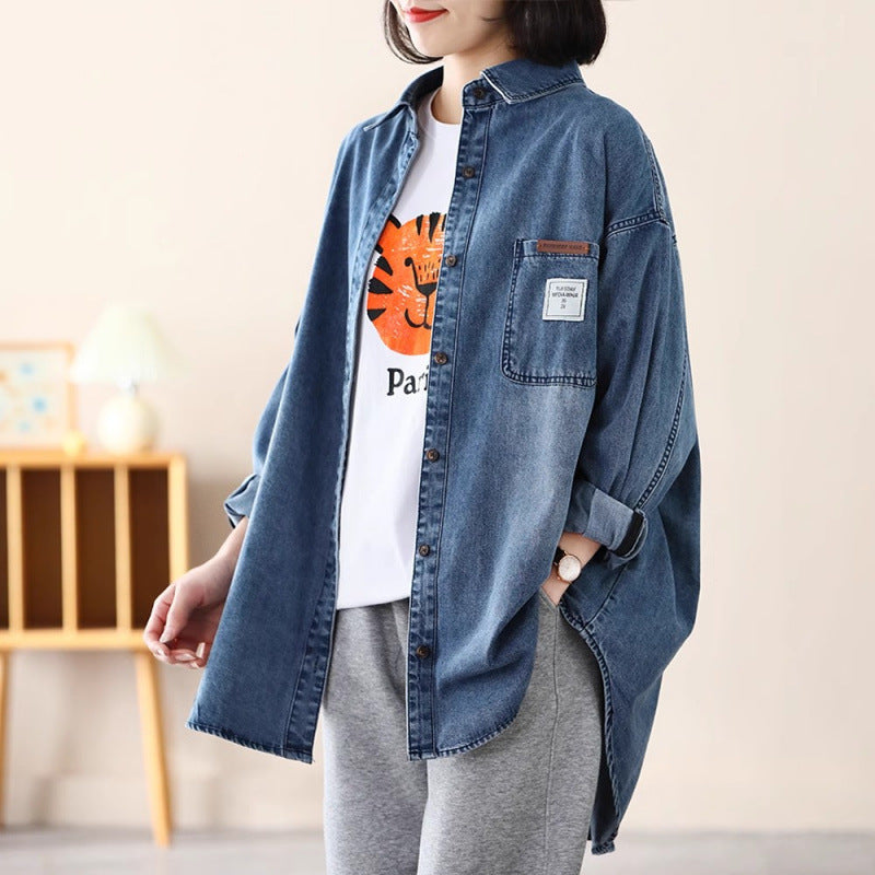 autumn new denim shirt jacket women's POLO collar casual literary age reduction loose and thin large size shirt