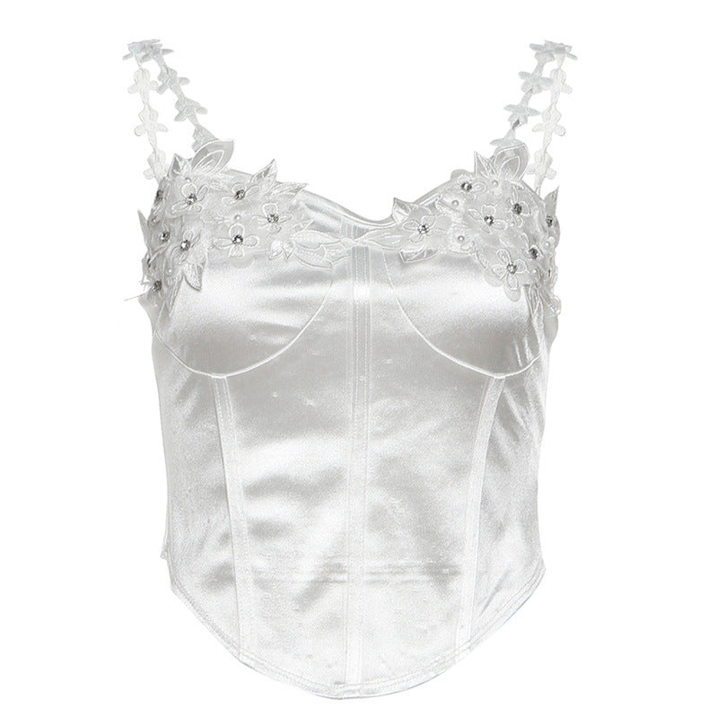 Cross-border 2025 style popular spring new women's clothing embroidered lace suspender solid color vest waist hip skirt