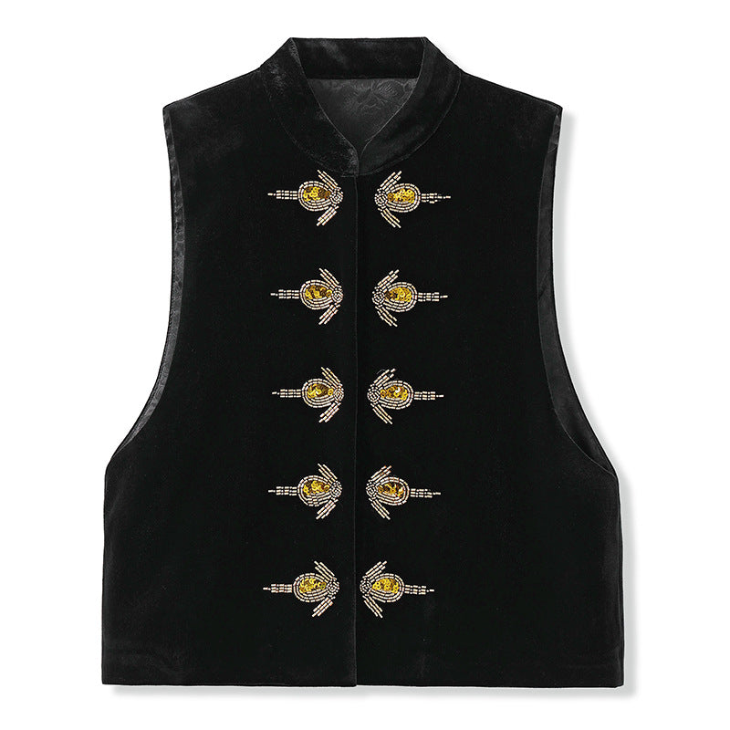 new national style sequins simple vest new Chinese temperament design sense light luxury solid color top women M6043
