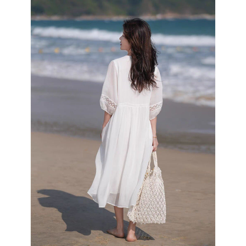 summer new loose large size fairy style dress female temperament literary and retro waist and thin skirt female