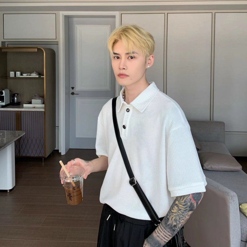 Design waffle texture cool lapel polo shirt men's light mature solid color short-sleeved T-shirt men's summer ins trend