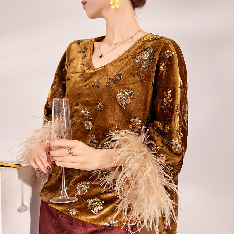 New autumn and winter national style cuffs feather splicing embroidered sequins temperament top skirt set female M9164