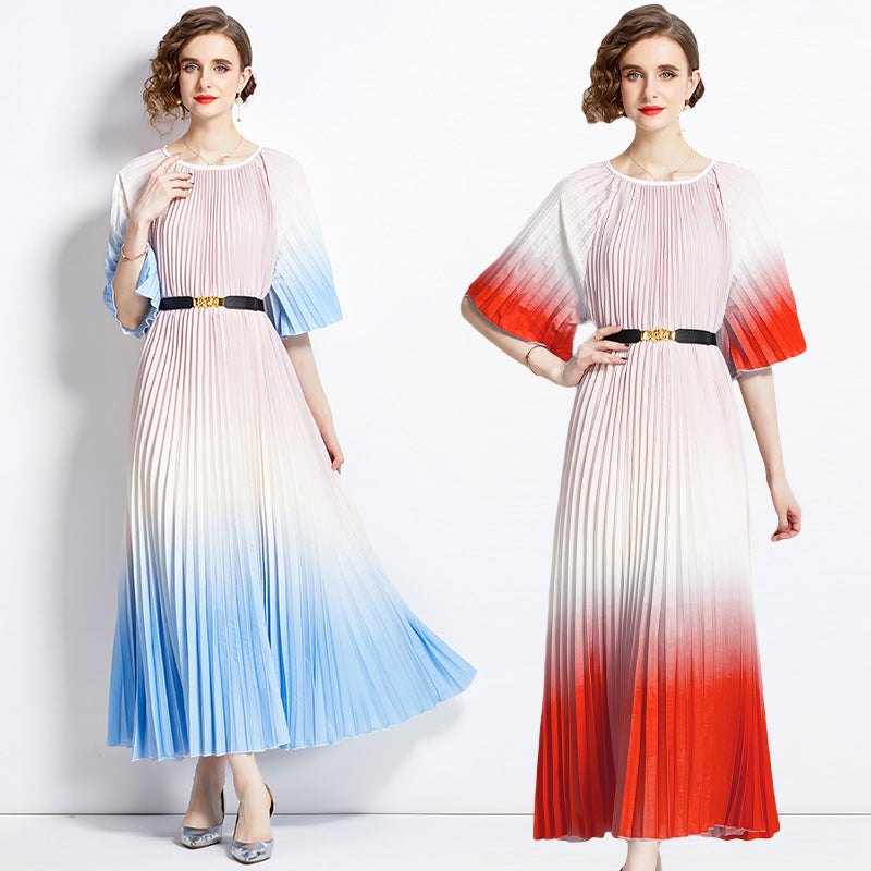 2025 style fashion gradual change color loose dress women's summer new temperament round neck lace-up skirt