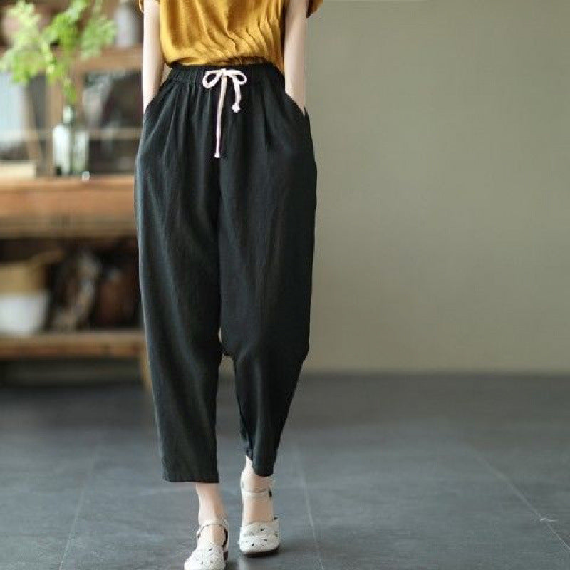 summer new literary and retro solid color simple Harlan pants loose large size versatile casual nine-point pants women