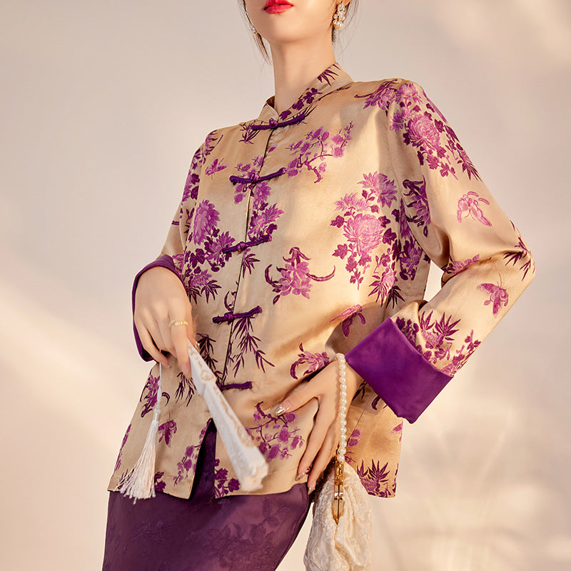 New Chinese-style new top, national style high-end buckle single ultra-purple printing design jacket autumn women M7035