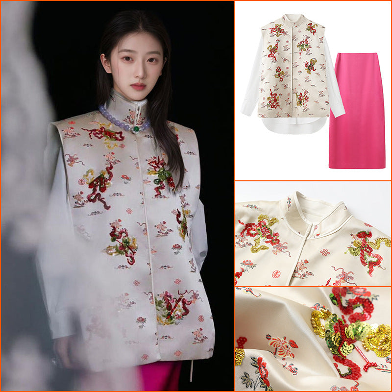 New Chinese style light luxury stand-up collar bead embroidery sleeveless sequins loose shirt vest long skirt set MZ055