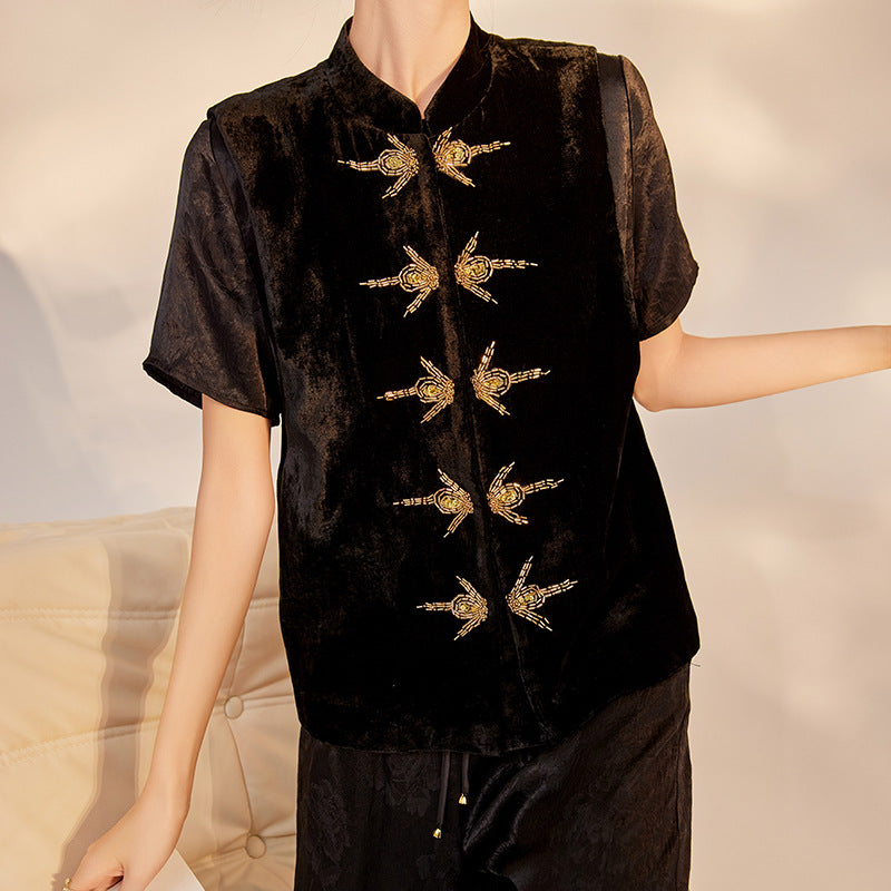new national style sequins simple vest new Chinese temperament design sense light luxury solid color top women M6043