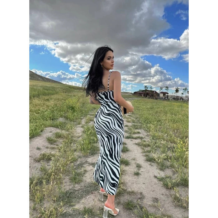 SAFERIDO 2025 ins style women's clothing summer sexy suspender slim side split zebra print popular dress