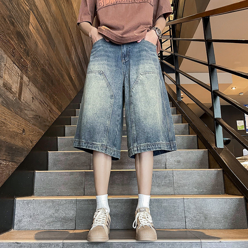 saferido 90s streetwear American Retro Workwear Denim Shorts Men's Summer Versatile High Street Vibe Loose Washed Wide-Leg Shorts