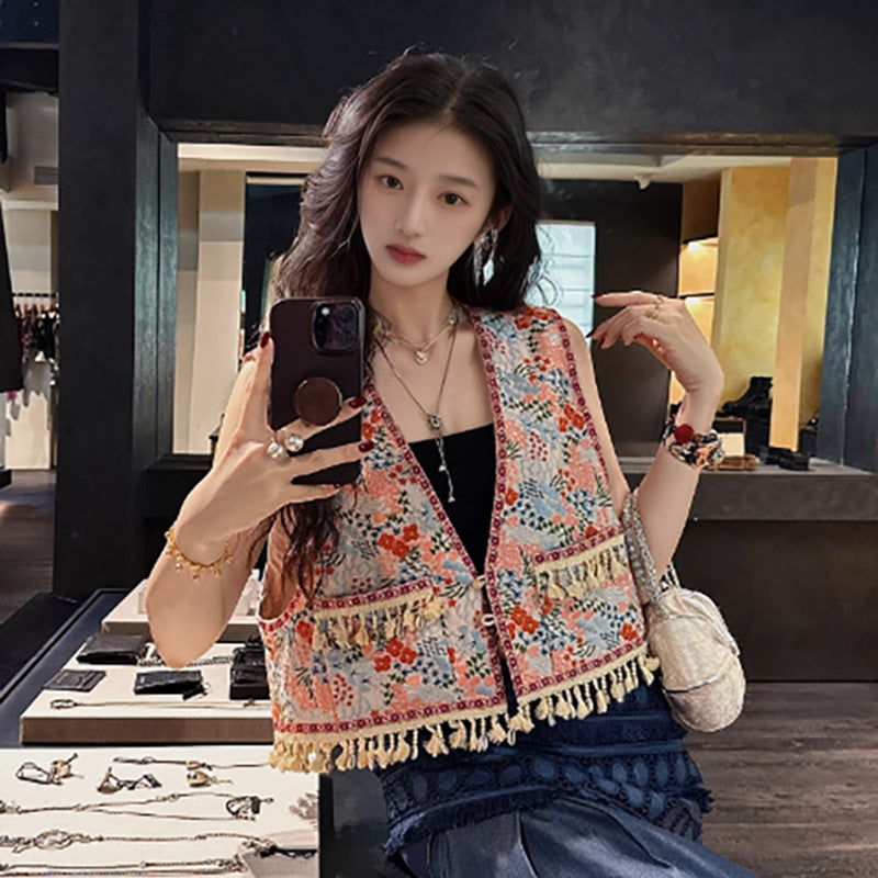 National style high-end retro style sleeveless temperament vest summer new Chinese embroidered fringed short vest N4078