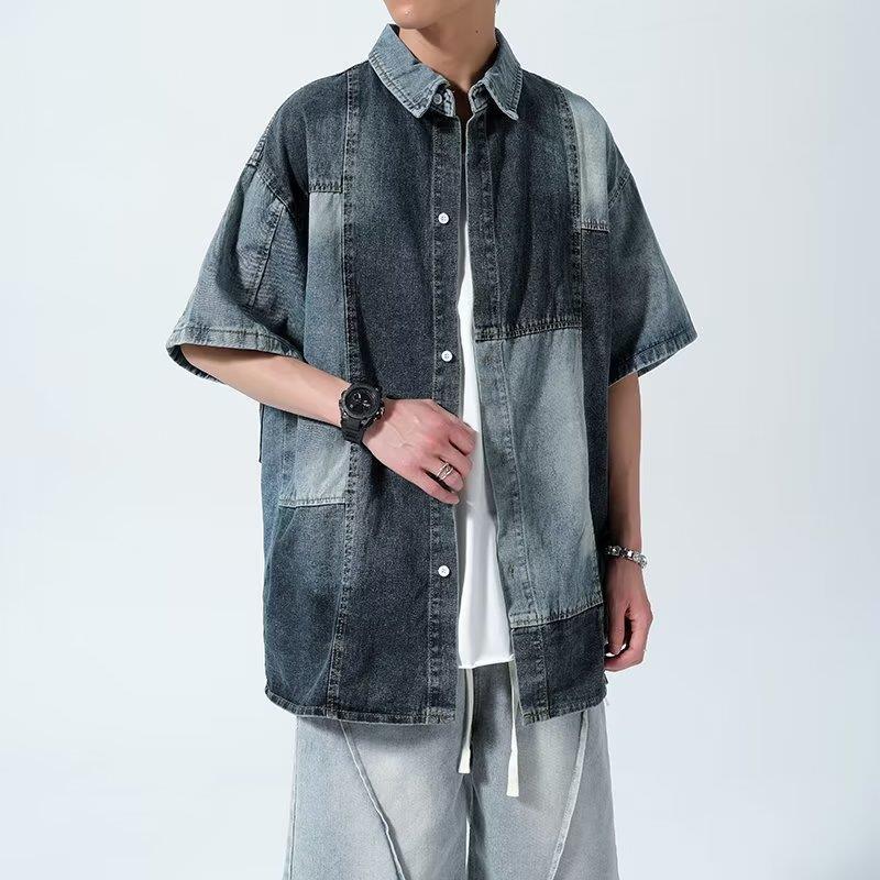 saferido 90s fashion men American-Style Retro Niche Stitching Denim Short-Sleeved Shirt Men's Shirt Junior Shirt Coat Women's Fashion