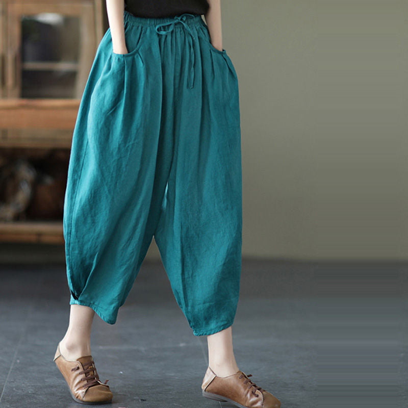 summer new literary and retro casual versatile nine-point pants loose large size thin temperament solid color Harlan pants