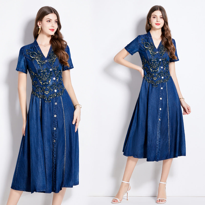 Cardigan V-neck denim dress popular summer new retro heavy industry embroidery waist thin dress ethnic style A type