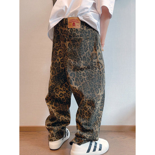 autumn and winter new American retro design niche workwear leopard print loose casual versatile pants men INS