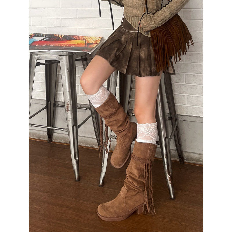 2025 popular Autumn/Winter Brown Tassel Boots Vintage Wasteland Knight Boots British Academy Pile Medium Boots Women
