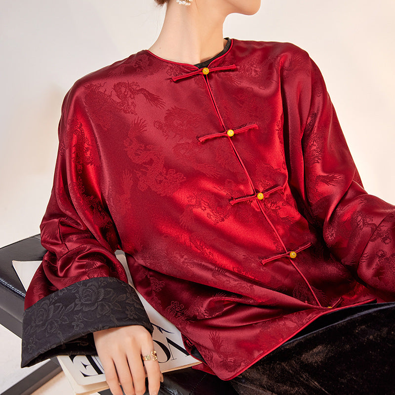 popular autumn and winter national style satin jacquard solid color coat women's new Chinese temperament acetate button top M7061