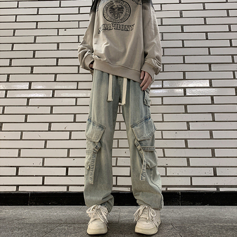 saferido techwear outfits Autumn and Winter Jeans Men's Loose Straight American Retro High Street Multi-Pocket Elastic Wide-Leg Overalls