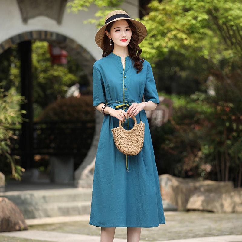 National style medium and long temperament dress summer new fashion waist thin breathable long skirt