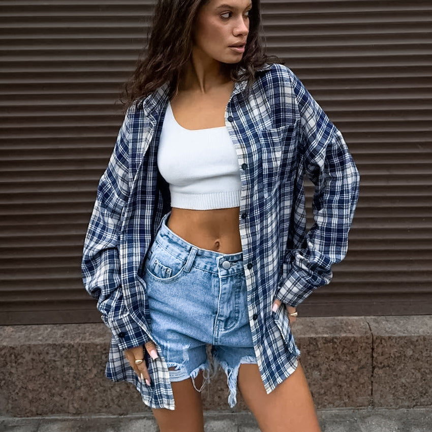 2025 Spring and summer fashion temperament polyester cotton shirt sleeves blue plaid shirt versatile pocket street style top women
