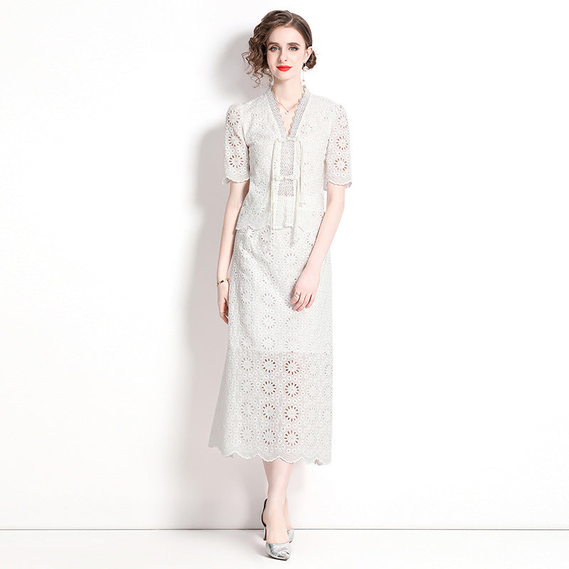 Summer new high-end coffee break skirt lace thin new Chinese improved cheongsam national style set two-piece set
