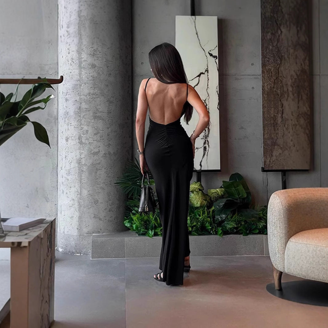 SAFERIDO 2025 Hot trade new style New women's clothing sexy Spice Girls suspender backless pleated long solid color dress