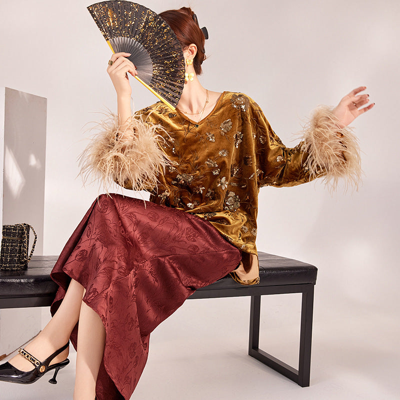 New autumn and winter national style cuffs feather splicing embroidered sequins temperament top skirt set female M9164