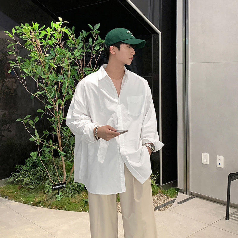 saferido mens fashion Youth White Shirt Men's Spring and Autumn New Korean Style Simple Solid Color Long Sleeve Shirt Loose Lazy Style Cotton