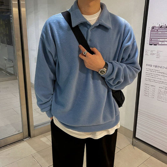 saferido      -shop 90s fashion men BJ Autumn and Winter Thickened Lapel Sweater Men's Korean-Style Trendy Loose Long-Sleeved Polo Shirt Solid Color All-Matching Coat