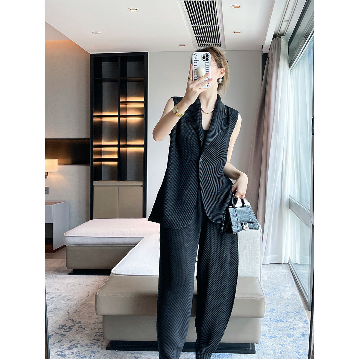 suit lapel solid color design sense fashion vest pleated jacket femininity commuting versatile and thin top