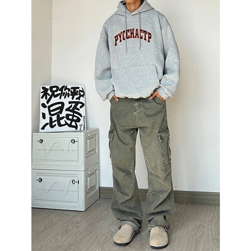 saferido -shop mens outfits American Retro Vintage Pants High Street Washed Green Jeans Men's Straight Loose Logging Overalls