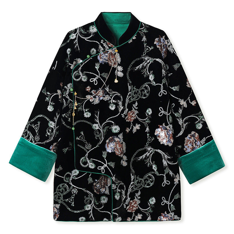 New Chinese new high-end embroidered design top spring black buckle light luxury coat women's N2001