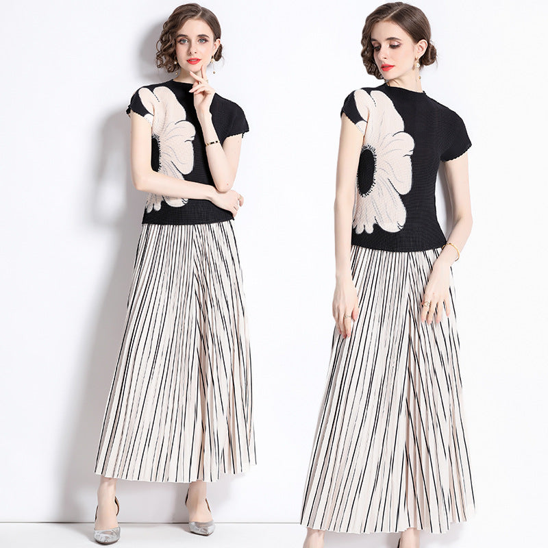 T-shirt new pleated casual print niche gradual change loose versatile wide leg pants