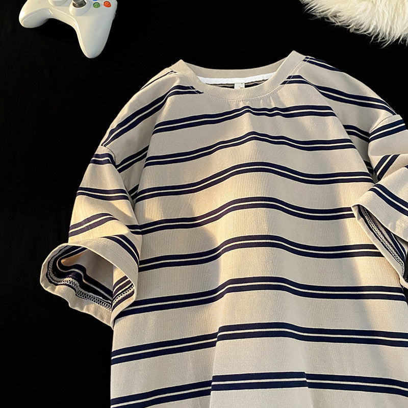 saferido      -shop 90s streetwear Japanese Striped Short-Sleeved T-shirt Men's Summer Loose Casual Retro Niche Versatile Cotton round Neck Bottoming T-shirt