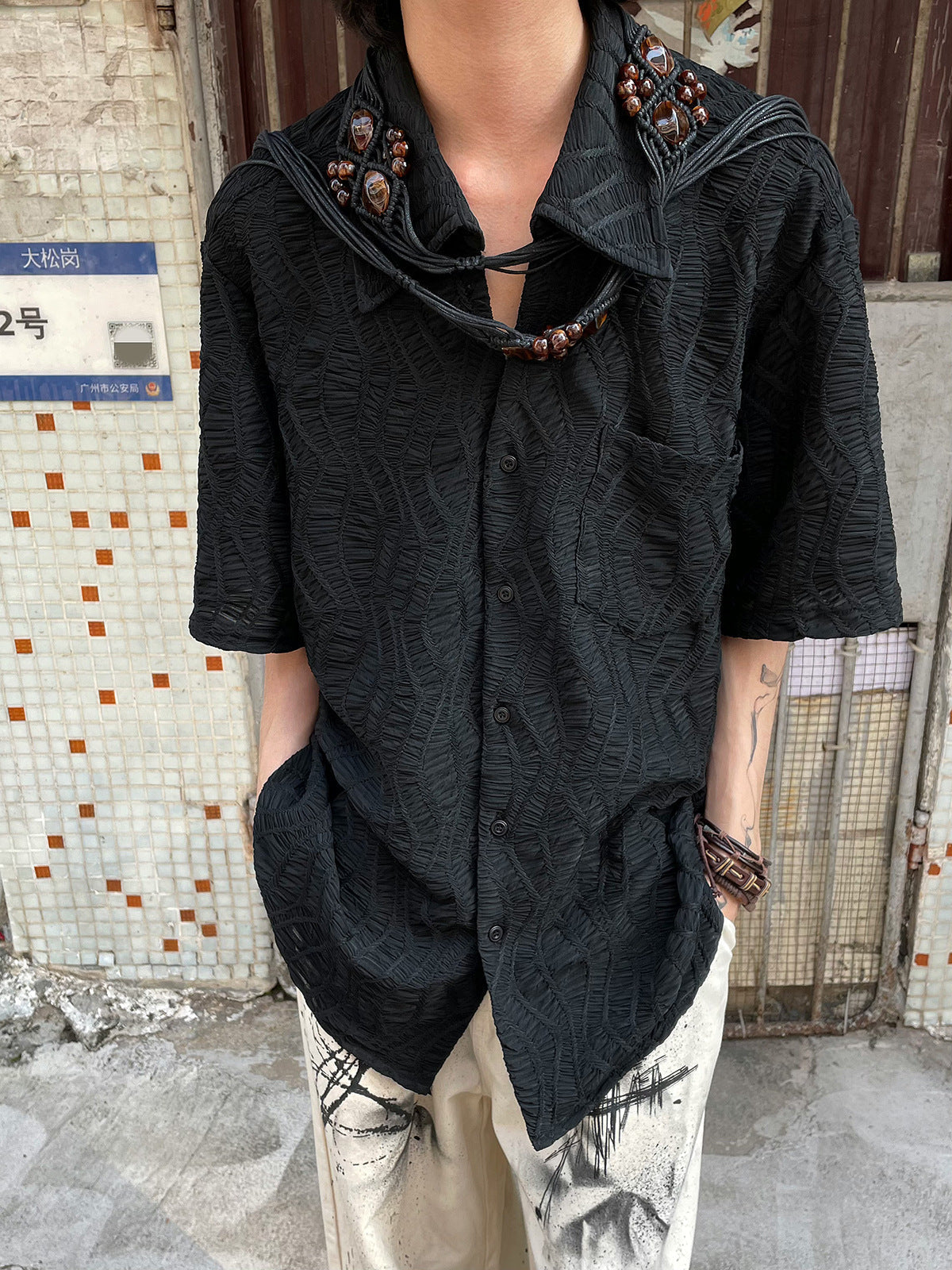 Retro niche Yohji Yamamoto style pleated free ironing Cuban collar jacquard design short-sleeved shirt men's summer new style