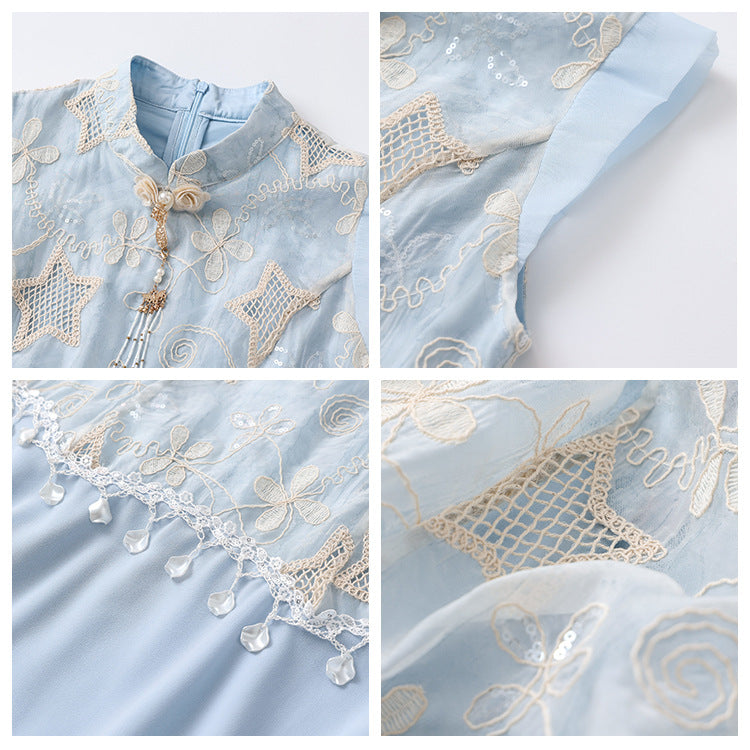 New Chinese style summer temperament peach blossom embroidered cheongsam slim split end sexy dress women's clothing N4091