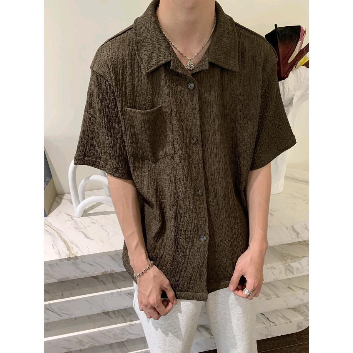 saferido frat boy outfit Korean Style Pleated Texture Short Sleeve Shirt 2024 New Men's High Sense Ins Youth Pointed Collar Popular Korean Style Shirt