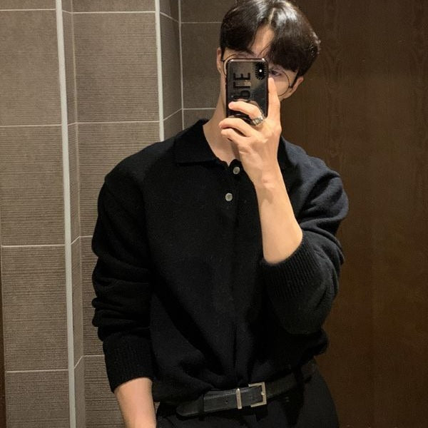 saferido -shop mens fall fashion Lapel Polo Shirt Sweater Men's Loose Korean Style Trendy Handsome All-Match Solid Color Bottoming Sweater Top Coat